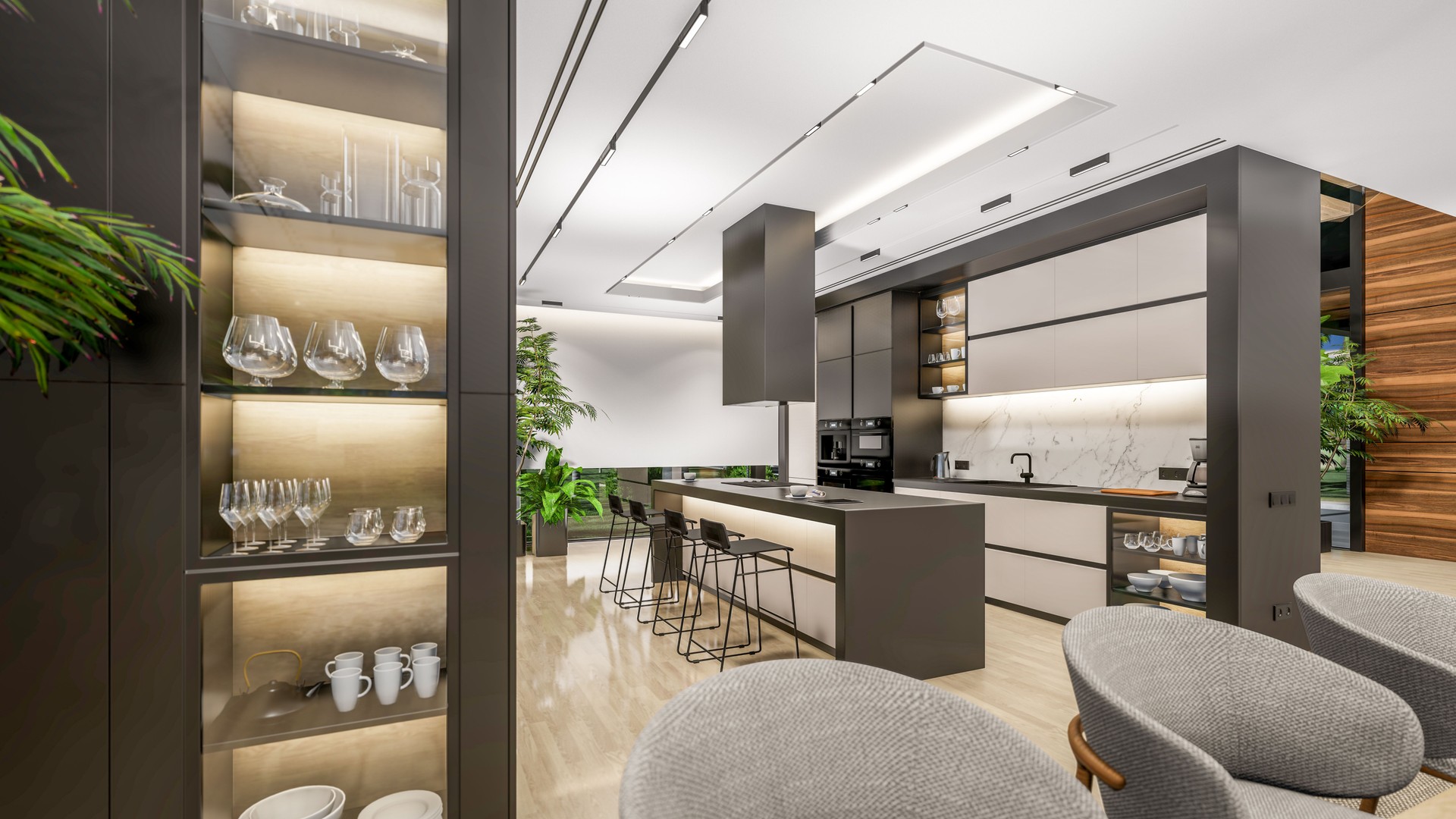 3d rendering of modern cozy interior with living, dining zone, stair and kitchen