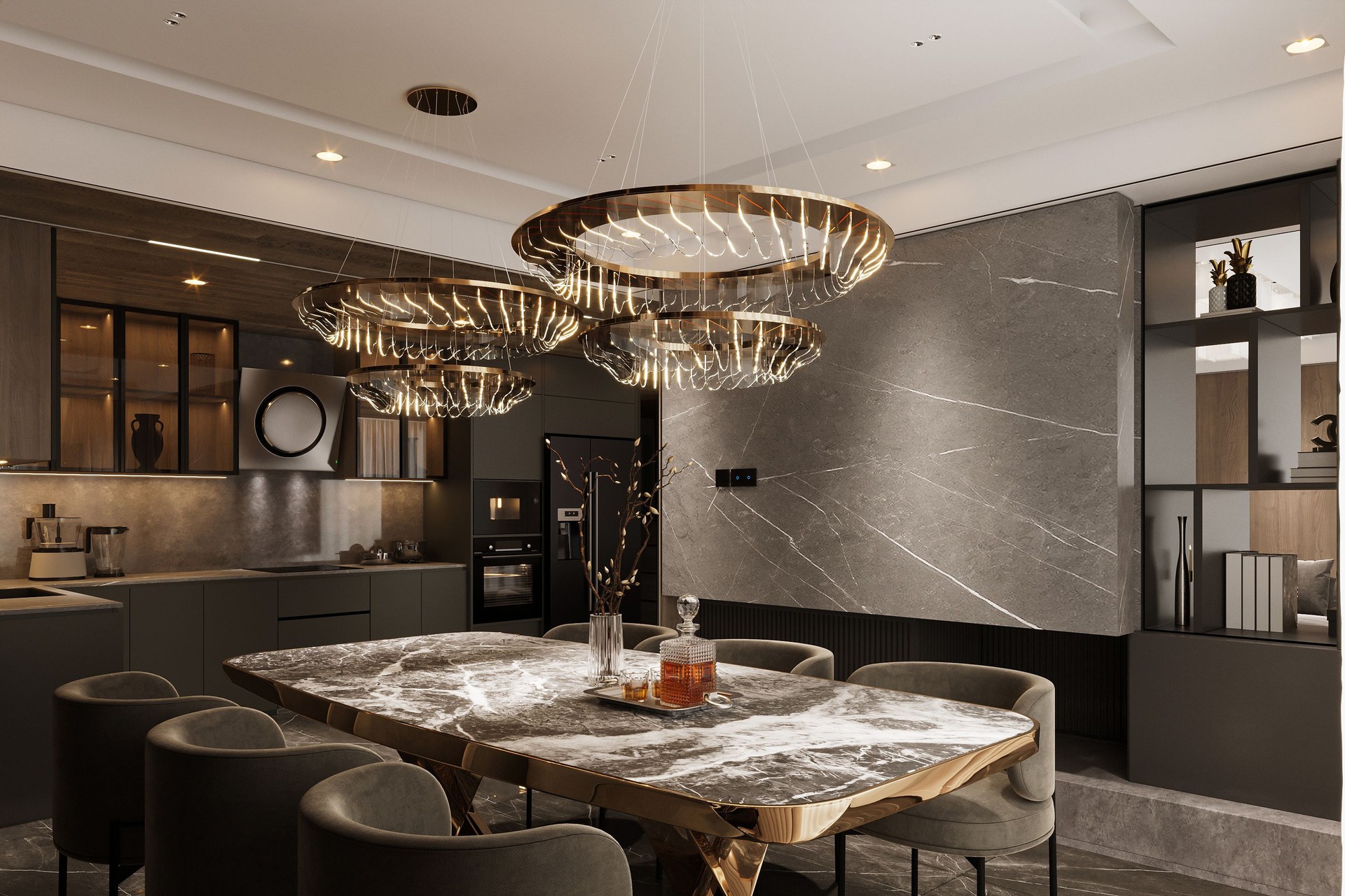 3d rendering contemporary modern dining room and living room with luxury decor